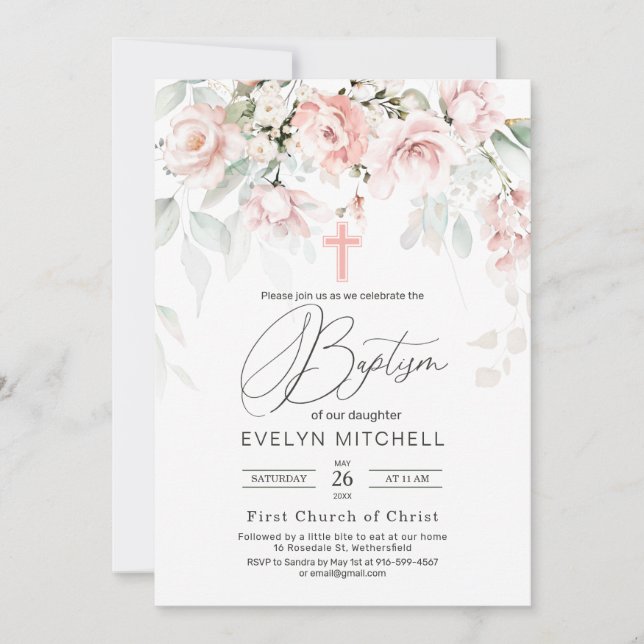 Pink Roses Greenery Foliage Cross Baptism  Invitation (Front)