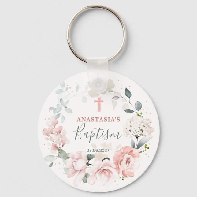 Pink Roses Greenery Foliage Cross Baptism  Key Ring (Front)