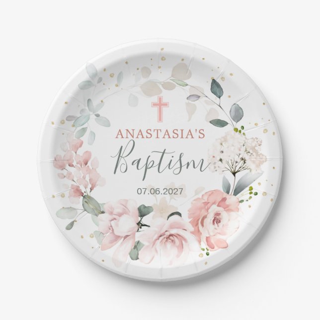Pink Roses Greenery Foliage Cross Baptism Paper Plate (Front)