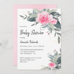 Pink Roses Greenery Girl Baby Shower Invitation