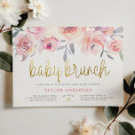 Pink Roses & Greenery Gold Baby Brunch Baby Shower Invitation<br><div class="desc">Chic gold and pink floral baby shower invitations. This design features "baby brunch" in gold calligraphy, your shower details in modern typography, faux gold glitter, and a bouquet of blush pink watercolor roses. These cards reverse to a green watercolor wash. Click on "Personalise this template" to change the wording. Scroll...</div>