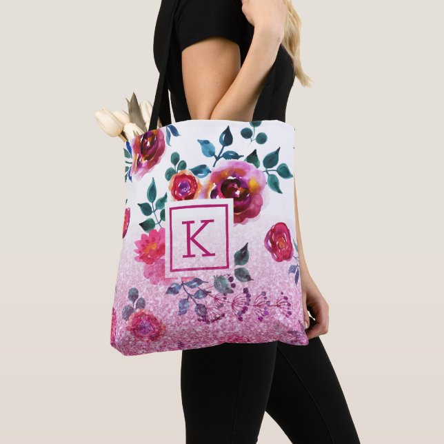 Pink roses hand-painted watercolors tote bag (Close Up)