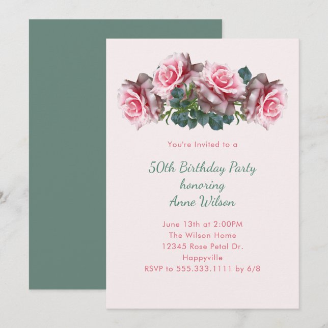 Pink Roses Her Birthday Party Invitation (Front/Back)