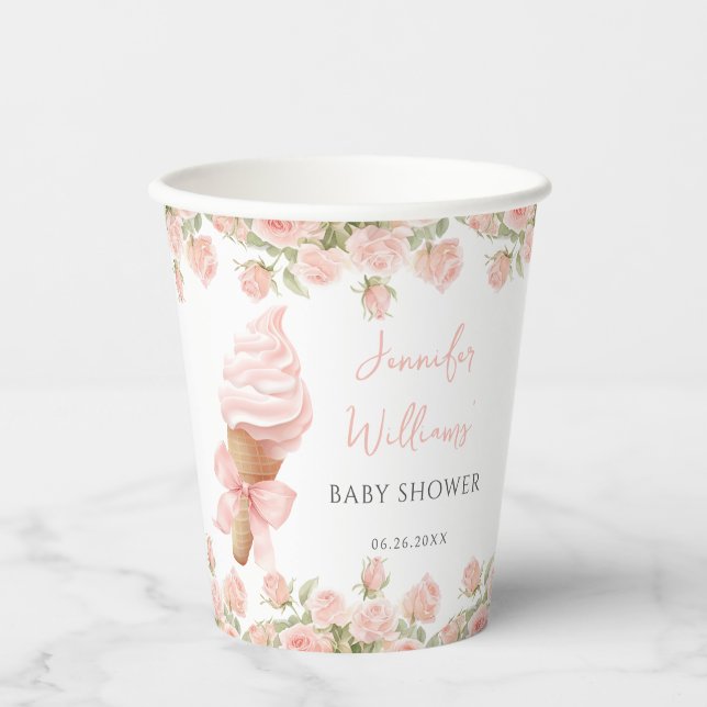 Pink Roses Ice Cream Bow Summer Baby Girl Shower Paper Cups (Front)