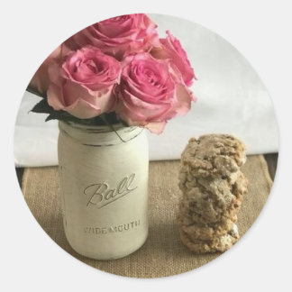 Pink Roses in a Canning Jar and Cookies Classic Round Sticker