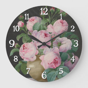 Pink Roses in a Vase – Pierre Joseph Redouté Large Clock