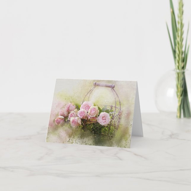 Pink Roses in Basket Thank You Card (Front)