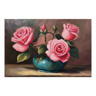 Pink Roses in Blue Vase Still Life Illustration  Poster