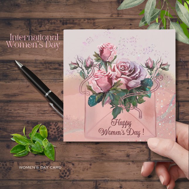 Pink Roses in envelope |  Happy Women's Day Holiday Card (Pink Roses in envelope _ Happy Women's Day Holiday Card )
