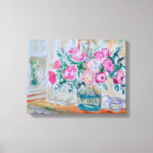 Pink Roses in Glass Vase Canvas Print