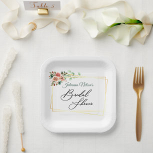 Pink roses in gold frame   paper plates