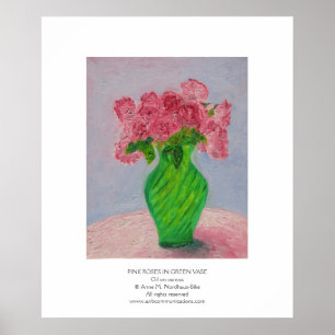 Pink Roses in Green Vase Poster