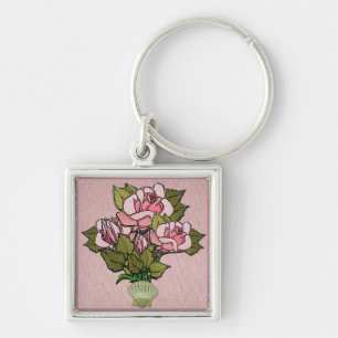 Pink Roses in Seashell Vase Key Ring