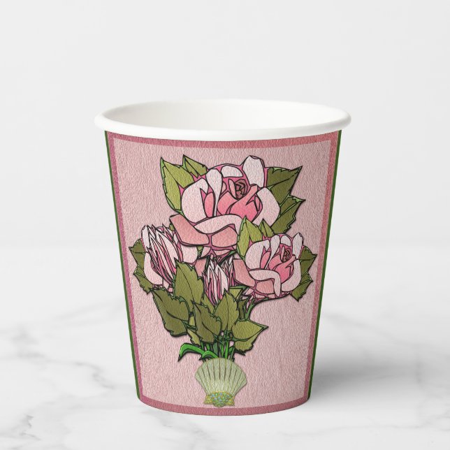 Pink Roses in Seashell Vase Paper Cups (Front)