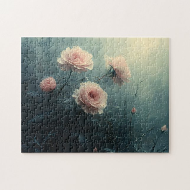 Pink Roses in the Mist Moody Jigsaw Puzzle (Horizontal)