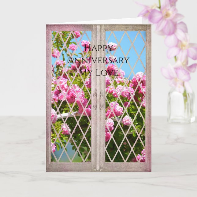 Pink Roses in Window Anniversary Card (Orchid)