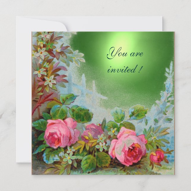 PINK ROSES & JASMINES  Emerald Green Gem Invitation (Front)