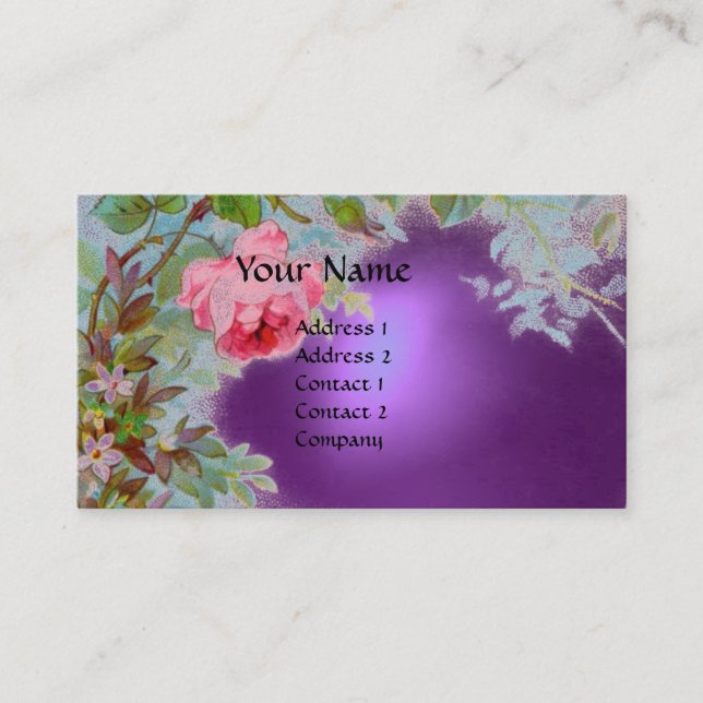 PINK ROSES & JASMINES MONOGRAM GEM STONE purple Business Card (Front)