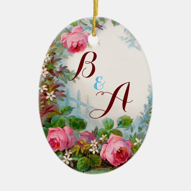 PINK ROSES & JASMINES MONOGRAM  Wedding Souvenir Ceramic Tree Decoration (Front)