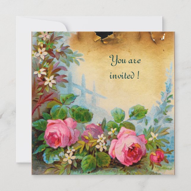 PINK ROSES & JASMINES parchment pink green Invitation (Front)