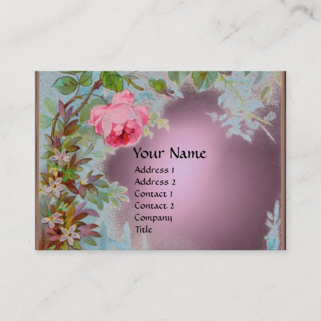 PINK ROSES & JASMINES PURPLE GEMSTONE MONOGRAM  BUSINESS CARD (Front)