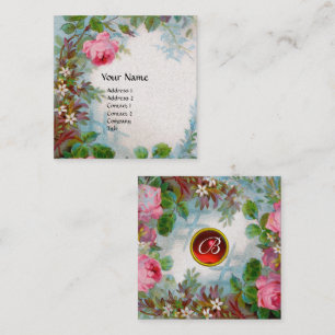 PINK ROSES,JASMINES RED GEM MONOGRAM Luxury White Square Business Card