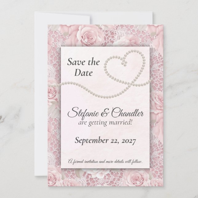 Pink Roses, Lace and Pearls Save the Date Invitation (Front)