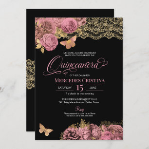 Pink Roses & Lace Glamourous Butterfly Quinceañera Invitation