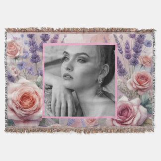 Pink roses lavender floral photo watercolor  throw blanket