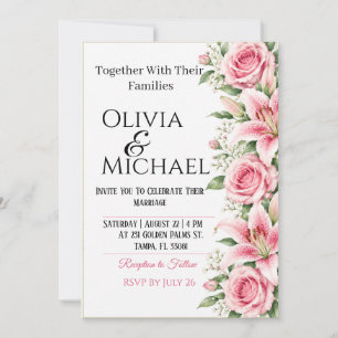 Pink Roses & Lilies Wedding Invitation