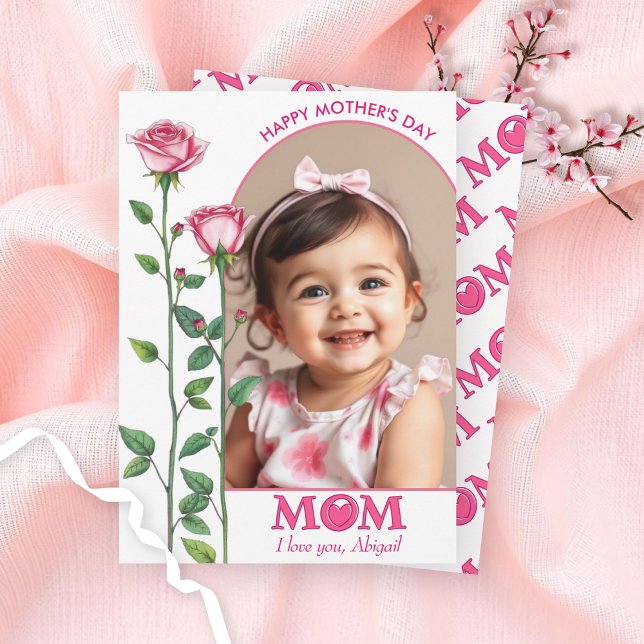 Pink roses Love You MOM Mother's Day photo Holiday Card (Creator Uploaded)