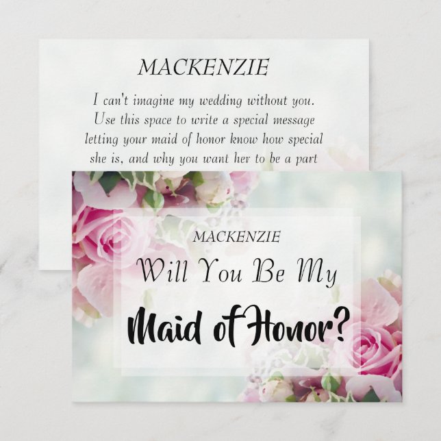 Pink Roses Maid of Honour Proposal Card (Front/Back)