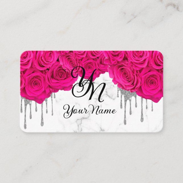 Pink Roses Marble Initial Business Card (Front)
