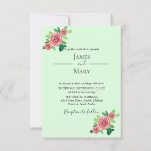 Pink Roses Mint Botanical Wedding Invitation