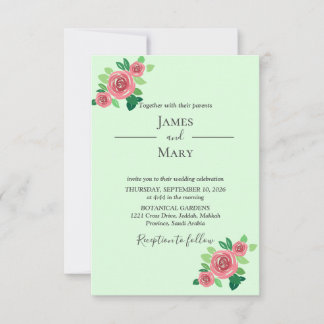 Pink Roses Mint Botanical Wedding Invitation