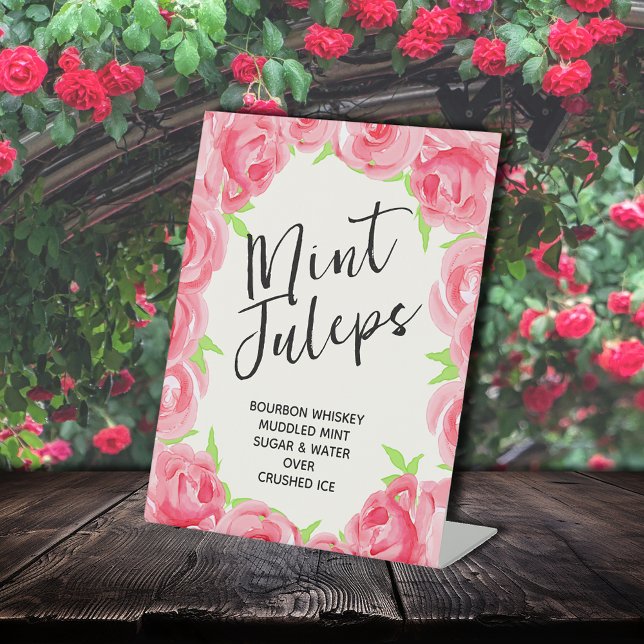 Pink Roses Mint Juleps Derby Party Pedestal Sign (Pink Roses Mint Juleps Derby Party Pedestal Sign)