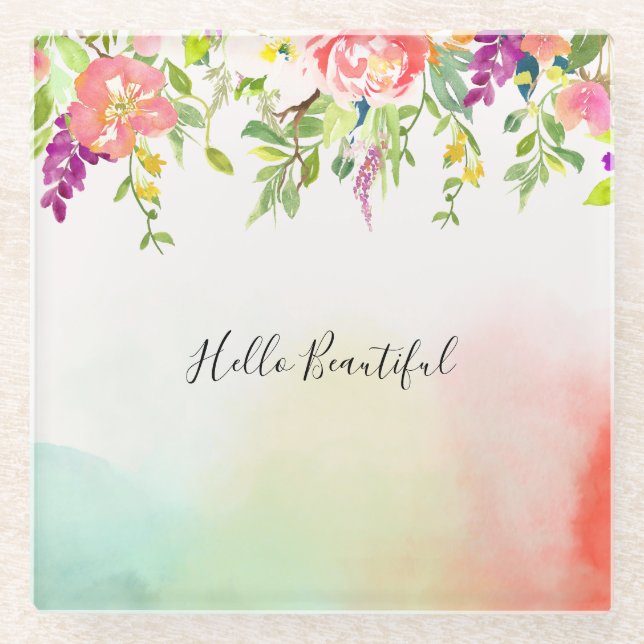 Pink Roses Mint Yellow Blush Tie Dye Floral Glass Coaster (Front)