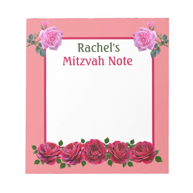 Pink Roses Mitzvah Note Girls Notepad (Front)