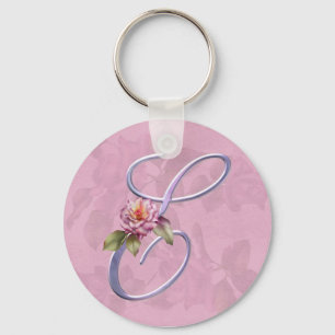 Pink Roses Monogram E Key Ring
