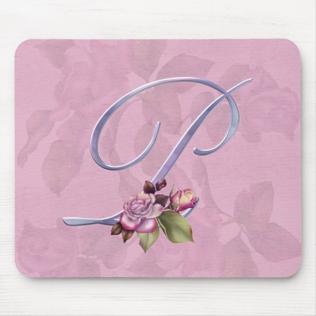 Pink Roses Monogram P Mouse Pad (Front)