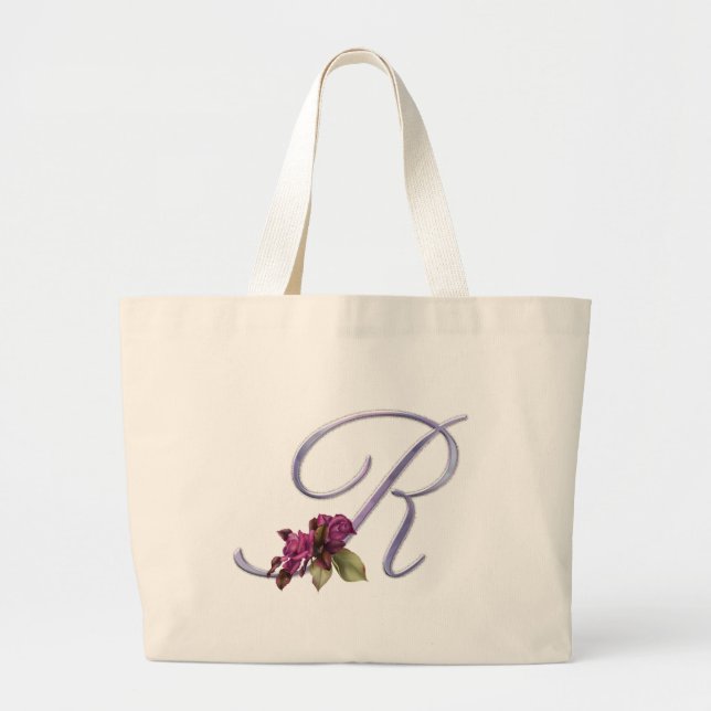 Pink Roses Monogram R Large Tote Bag (Front)