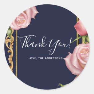 Pink Roses Navy Blue & Gold Modern Elegant Favour Classic Round Sticker