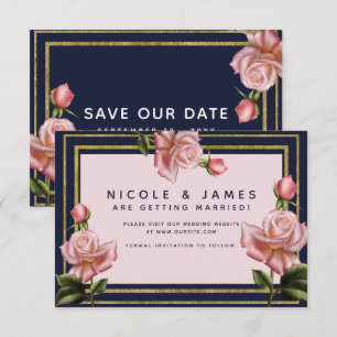 Pink Roses Navy Blue & Gold Modern Save the Date Invitation