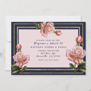 Pink Roses Navy Blue & Gold Modern Sweet 16 Party Invitation