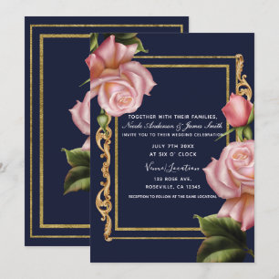 Pink Roses Navy Blue & Gold Modern Wedding Invitation