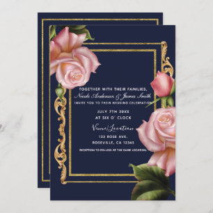 Pink Roses Navy Blue & Gold Modern Wedding Invitation
