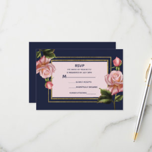 Pink Roses Navy Blue & Gold Modern Wedding RSVP Card