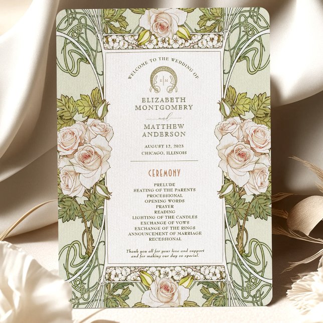 Pink Roses Nouveau Wedding Program Invitation (Creator Uploaded)