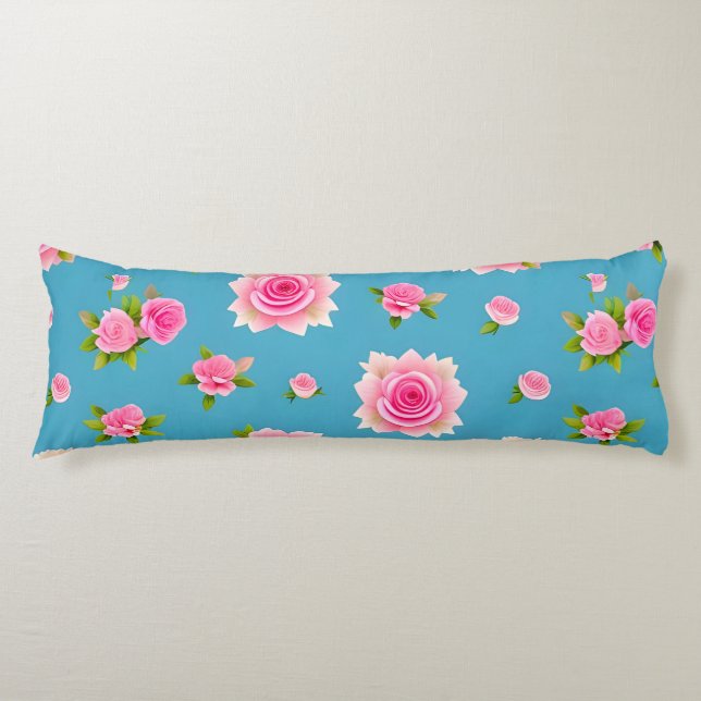 Pink Roses on a Blue Background Body Cushion (Front)
