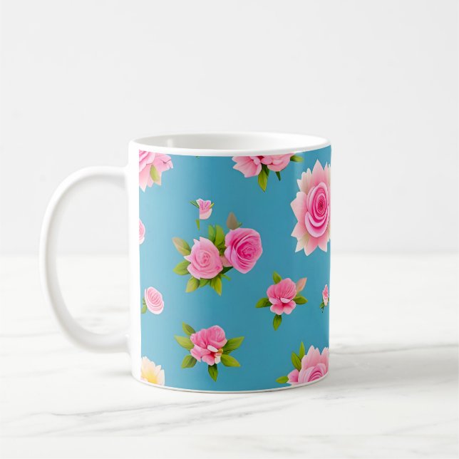 Pink Roses on a Blue Background Coffee Mug (Left)
